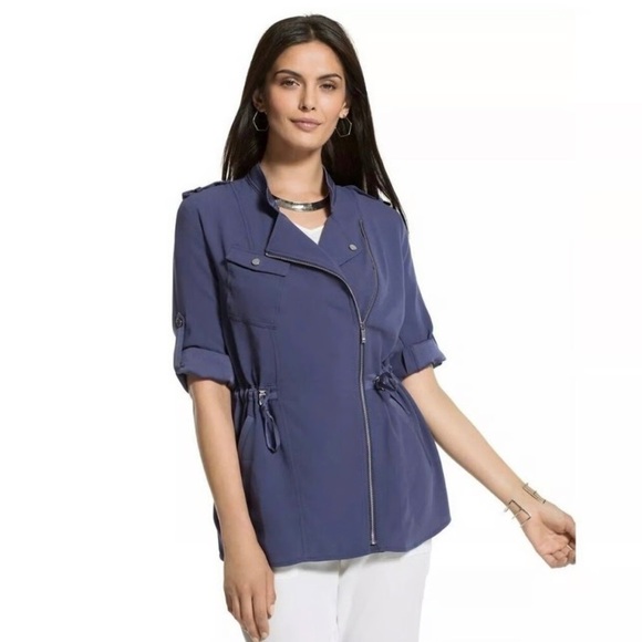 CHICOS Sheer Back Jacket Women's 2 Large Blue Roll Tab Sleeve Full Zip - Picture 1 of 9